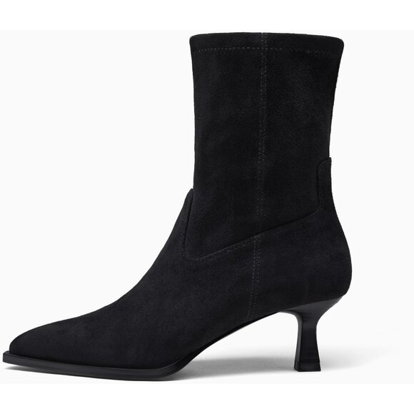 Women's Black Suede Pointed Toe Ankle Boots Stacked Kitten Low Heel Side Zipper - Picture 4 of 6